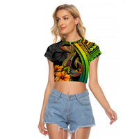 Hawaii Raglan Cropped T Shirt Polynesian Fish Hook and Hibiscus Flowers with Gradient Pattern - Wonder Print Shop