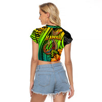Hawaii Raglan Cropped T Shirt Polynesian Fish Hook and Hibiscus Flowers with Gradient Pattern - Wonder Print Shop