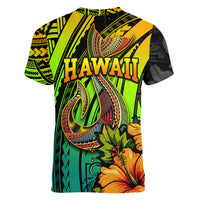 Hawaii Women V Neck T Shirt Polynesian Fish Hook and Hibiscus Flowers with Gradient Pattern - Wonder Print Shop