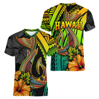 Hawaii Women V Neck T Shirt Polynesian Fish Hook and Hibiscus Flowers with Gradient Pattern - Wonder Print Shop