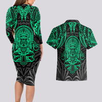 Polynesian Couples Matching Long Sleeve Bodycon Dress and Hawaiian Shirt Abstract Tiki - Wonder Print Shop
