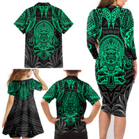 Polynesian Family Matching Long Sleeve Bodycon Dress and Hawaiian Shirt Abstract Tiki - Wonder Print Shop