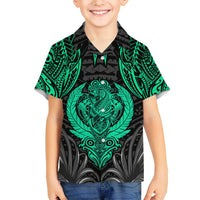 Kids Hawaiian-style button-up shirt in black with bright green tiki front graphic
