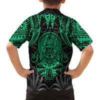 Kids Hawaiian shirt back view in black with bright green tiki face and tribal details