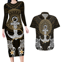 Polynesian Swordfish Couples Matching Long Sleeve Bodycon Dress and Hawaiian Shirt with Anchor Pattern and Tribal Turtle - Wonder Print Shop