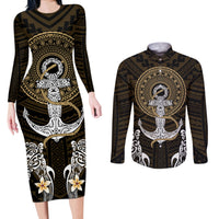 Polynesian Swordfish Couples Matching Long Sleeve Bodycon Dress and Long Sleeve Button Shirts with Anchor Pattern and Tribal Turtle - Wonder Print Shop