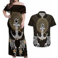 Polynesian Swordfish Couples Matching Off Shoulder Maxi Dress and Hawaiian Shirt with Anchor Pattern and Tribal Turtle - Wonder Print Shop