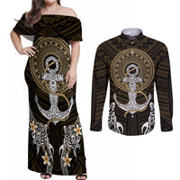 Polynesian Swordfish Couples Matching Off Shoulder Maxi Dress and Long Sleeve Button Shirts with Anchor Pattern and Tribal Turtle - Wonder Print Shop