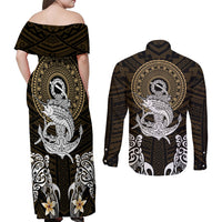 Polynesian Swordfish Couples Matching Off Shoulder Maxi Dress and Long Sleeve Button Shirts with Anchor Pattern and Tribal Turtle - Wonder Print Shop