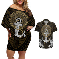 Polynesian Swordfish Couples Matching Off Shoulder Short Dress and Hawaiian Shirt with Anchor Pattern and Tribal Turtle - Wonder Print Shop
