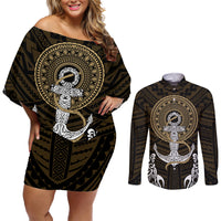 Polynesian Swordfish Couples Matching Off Shoulder Short Dress and Long Sleeve Button Shirts with Anchor Pattern and Tribal Turtle - Wonder Print Shop