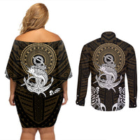 Polynesian Swordfish Couples Matching Off Shoulder Short Dress and Long Sleeve Button Shirts with Anchor Pattern and Tribal Turtle - Wonder Print Shop