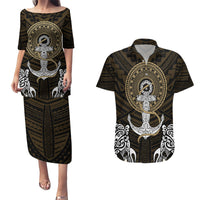 Polynesian Swordfish Couples Matching Puletasi Dress and Hawaiian Shirt with Anchor Pattern and Tribal Turtle - Wonder Print Shop