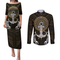 Polynesian Swordfish Couples Matching Puletasi Dress and Long Sleeve Button Shirts with Anchor Pattern and Tribal Turtle - Wonder Print Shop