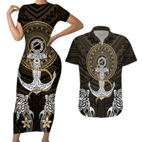 Polynesian Swordfish Couples Matching Short Sleeve Bodycon Dress and Hawaiian Shirt with Anchor Pattern and Tribal Turtle - Wonder Print Shop