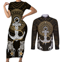 Polynesian Swordfish Couples Matching Short Sleeve Bodycon Dress and Long Sleeve Button Shirts with Anchor Pattern and Tribal Turtle - Wonder Print Shop
