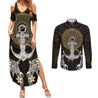Polynesian Swordfish Couples Matching Summer Maxi Dress and Long Sleeve Button Shirts with Anchor Pattern and Tribal Turtle - Wonder Print Shop
