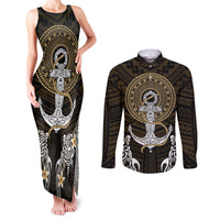 Polynesian Swordfish Couples Matching Tank Maxi Dress and Long Sleeve Button Shirts with Anchor Pattern and Tribal Turtle - Wonder Print Shop