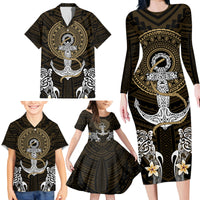 Polynesian Swordfish Family Matching Long Sleeve Bodycon Dress and Hawaiian Shirt with Anchor Pattern and Tribal Turtle - Wonder Print Shop