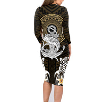 Polynesian Swordfish Family Matching Long Sleeve Bodycon Dress and Hawaiian Shirt with Anchor Pattern and Tribal Turtle - Wonder Print Shop