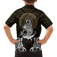 Polynesian Swordfish Family Matching Off Shoulder Long Sleeve Dress and Hawaiian Shirt with Anchor Pattern and Tribal Turtle - Wonder Print Shop