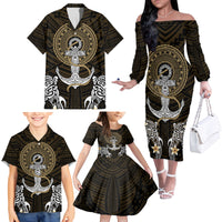 Polynesian Swordfish Family Matching Off Shoulder Long Sleeve Dress and Hawaiian Shirt with Anchor Pattern and Tribal Turtle - Wonder Print Shop