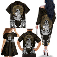 Polynesian Swordfish Family Matching Off Shoulder Long Sleeve Dress and Hawaiian Shirt with Anchor Pattern and Tribal Turtle - Wonder Print Shop