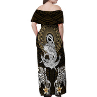Polynesian Swordfish Family Matching Off Shoulder Maxi Dress and Hawaiian Shirt with Anchor Pattern and Tribal Turtle - Wonder Print Shop