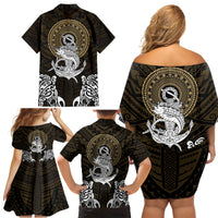 Polynesian Swordfish Family Matching Off Shoulder Short Dress and Hawaiian Shirt with Anchor Pattern and Tribal Turtle - Wonder Print Shop
