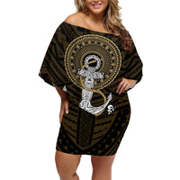 Polynesian Swordfish Family Matching Off Shoulder Short Dress and Hawaiian Shirt with Anchor Pattern and Tribal Turtle - Wonder Print Shop
