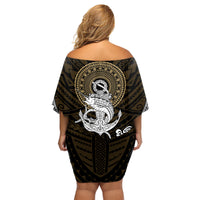 Polynesian Swordfish Family Matching Off Shoulder Short Dress and Hawaiian Shirt with Anchor Pattern and Tribal Turtle - Wonder Print Shop