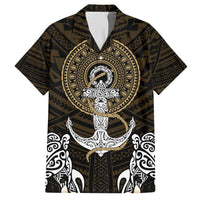 Dark brown short-sleeve button-up Hawaiian shirt with gold round emblem, swordfish anchor