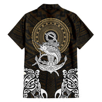 Dark brown short-sleeve Hawaiian shirt with gold round emblem, swordfish and anchor