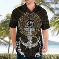 Dark brown short-sleeve button-up Hawaiian shirt with gold round emblem, swordfish and anchor