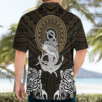 Dark brown short-sleeve Hawaiian shirt back with gold round emblem and swordfish graphic