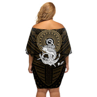 Polynesian Swordfish Off Shoulder Short Dress with Anchor Pattern and Tribal Turtle - Wonder Print Shop