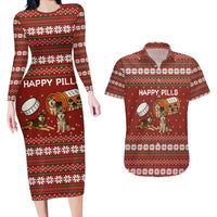Merry Christmas Siberian Husky Dog Happy Pills Couples Matching Long Sleeve Bodycon Dress and Hawaiian Shirt Husky Dogs in Pill Bottle and Red Snowflake - Wonder Print Shop