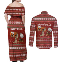 Merry Christmas Siberian Husky Dog Happy Pills Couples Matching Off Shoulder Maxi Dress and Long Sleeve Button Shirt Husky Dogs in Pill Bottle and Red Snowflake - Wonder Print Shop