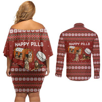 Merry Christmas Siberian Husky Dog Happy Pills Couples Matching Off Shoulder Short Dress and Long Sleeve Button Shirt Husky Dogs in Pill Bottle and Red Snowflake - Wonder Print Shop