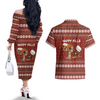 Merry Christmas Siberian Husky Dog Happy Pills Couples Matching Off The Shoulder Long Sleeve Dress and Hawaiian Shirt Husky Dogs in Pill Bottle and Red Snowflake - Wonder Print Shop