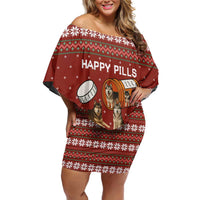 Merry Christmas Siberian Husky Dog Happy Pills Off Shoulder Short Dress Husky Dogs in Pill Bottle and Red Snowflake - Wonder Print Shop