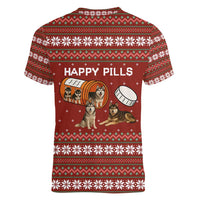 Merry Christmas Siberian Husky Dog Happy Pills Women V-Neck T-Shirt Husky Dogs in Pill Bottle and Red Snowflake - Wonder Print Shop