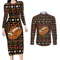 Merry Christmas Turkey Football Couples Matching Long Sleeve Bodycon Dress and Long Sleeve Button Shirt Fall Leaves Pattern for Game Day Fans - Wonder Print Shop