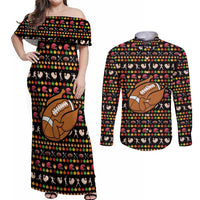 Merry Christmas Turkey Football Couples Matching Off Shoulder Maxi Dress and Long Sleeve Button Shirt Fall Leaves Pattern for Game Day Fans - Wonder Print Shop