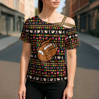 Merry Christmas Turkey Football Cross Shoulder Shirt Fall Leaves Pattern for Game Day Fans - Wonder Print Shop