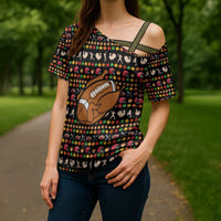 Merry Christmas Turkey Football Cross Shoulder Shirt Fall Leaves Pattern for Game Day Fans - Wonder Print Shop