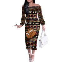 Merry Christmas Turkey Football Off The Shoulder Long Sleeve Dress Fall Leaves Pattern for Game Day Fans - Wonder Print Shop