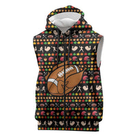 Merry Christmas Turkey Football Sleeveless Zip Hoodie Fall Leaves Pattern for Game Day Fans - Wonder Print Shop