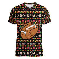 Merry Christmas Turkey Football Women V-Neck T-Shirt Fall Leaves Pattern for Game Day Fans - Wonder Print Shop