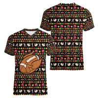 Merry Christmas Turkey Football Women V-Neck T-Shirt Fall Leaves Pattern for Game Day Fans - Wonder Print Shop